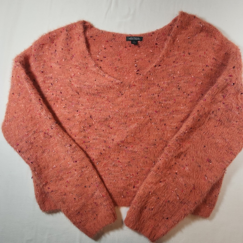 Wild Fable Coral Orange Fuzzy Confetti Knit V-Neck Cropped‎ Sweater Medium